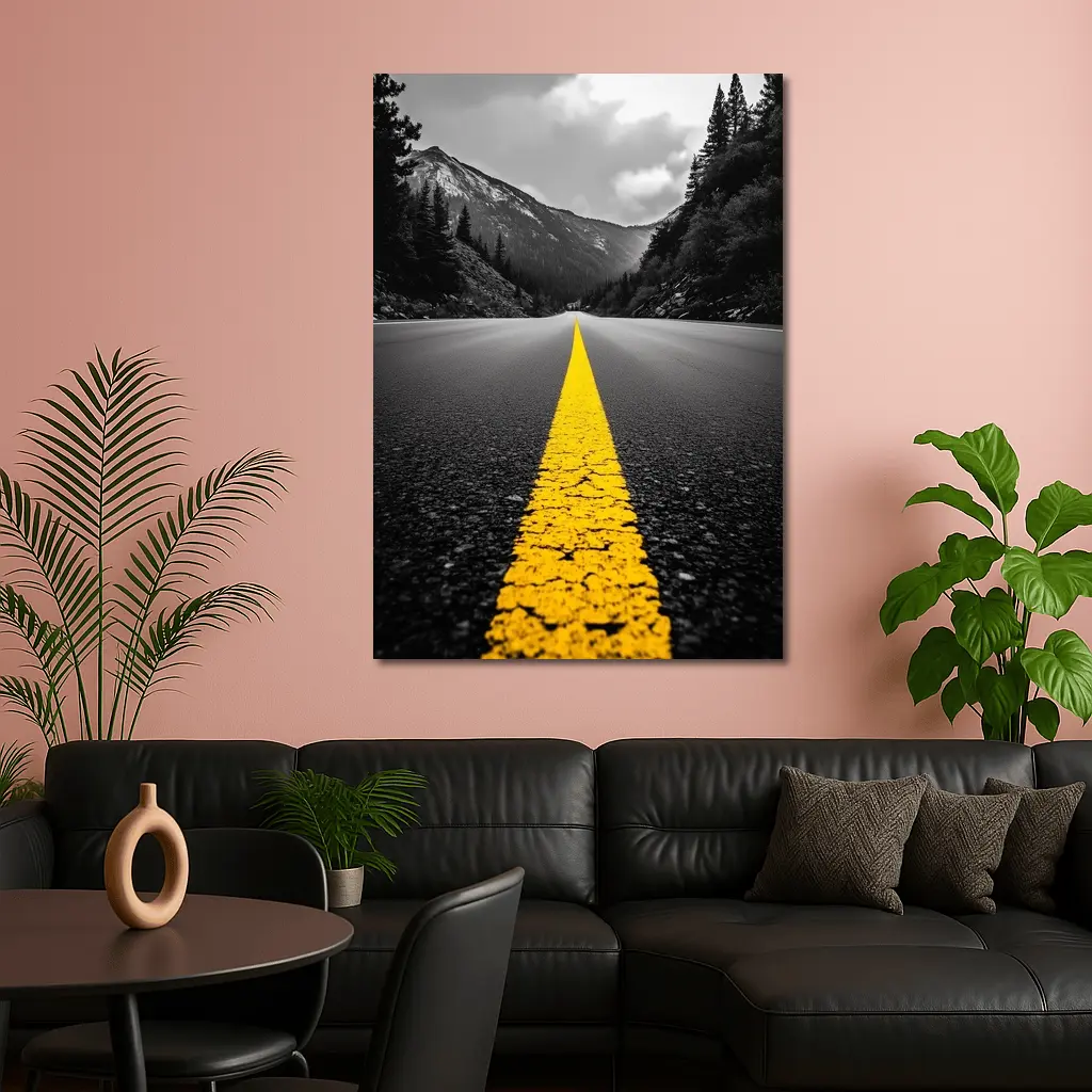 Yellow Road Line Mountain Forest Black White – Wall Art