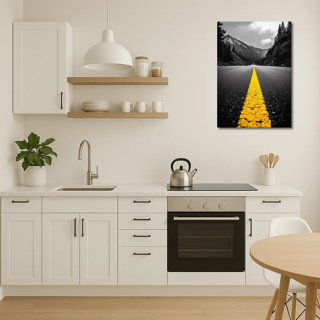 Yellow Road Line Mountain Forest Black White – Wall Art