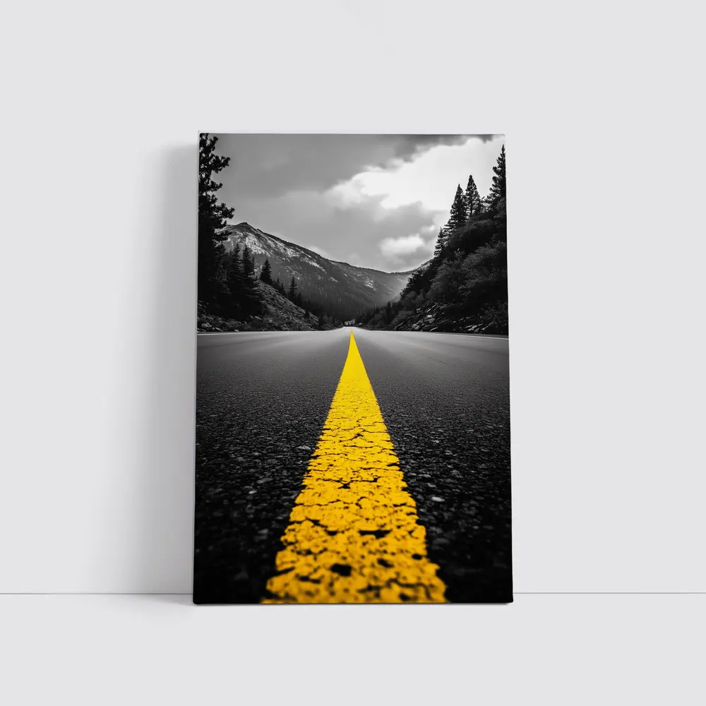 Yellow Road Line Mountain Forest Black White – Wall Art