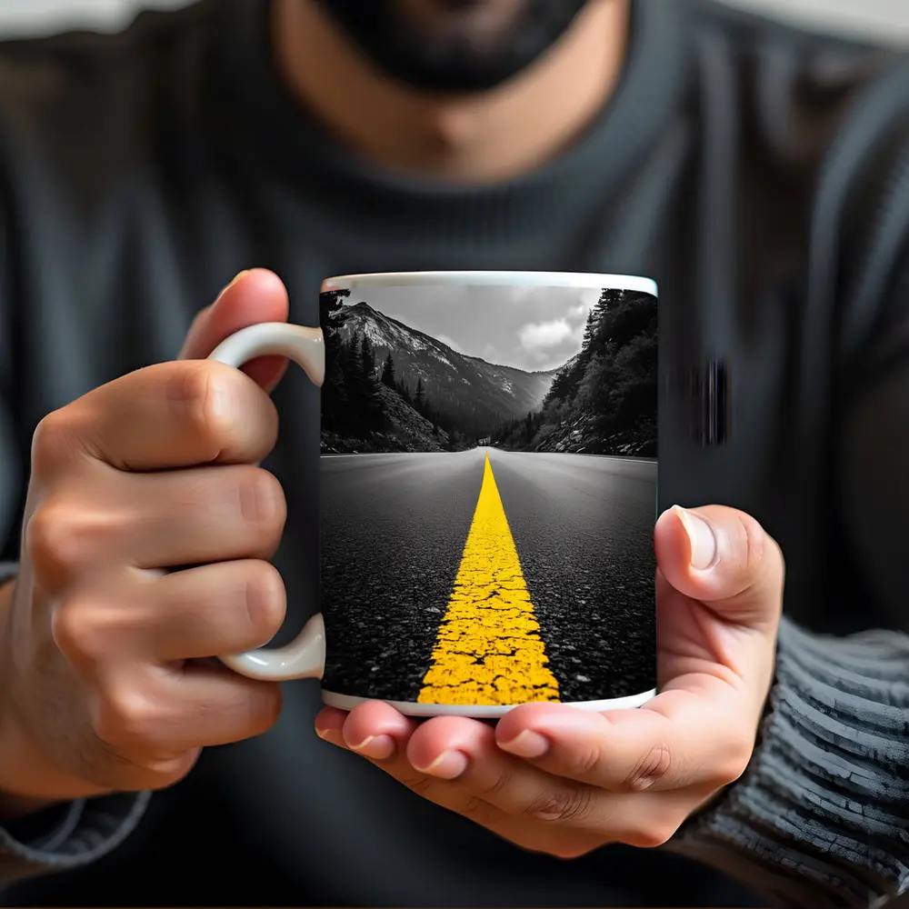 Yellow Road Line Mountain Forest Black White – Mugs