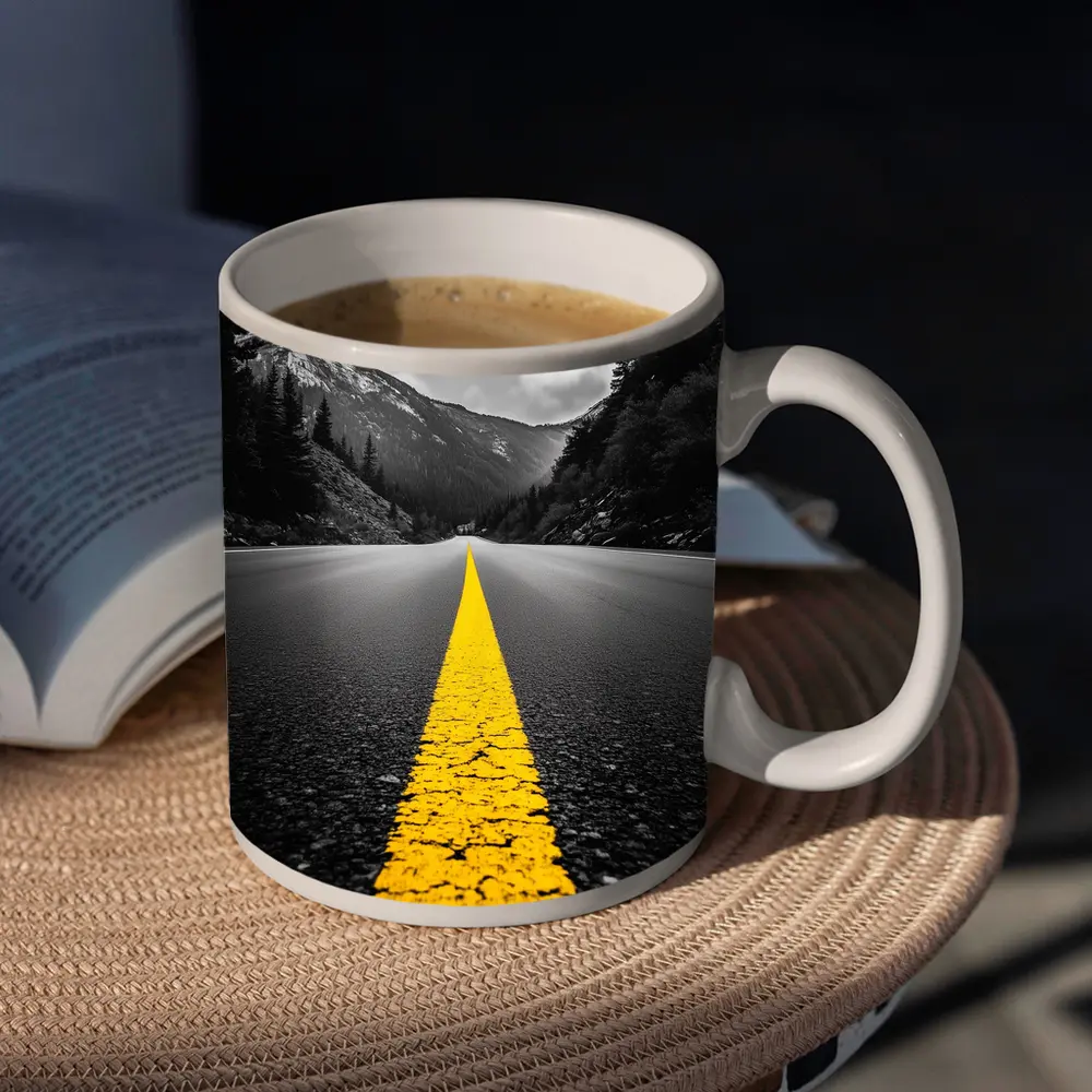 Yellow Road Line Mountain Forest Black White – Mugs