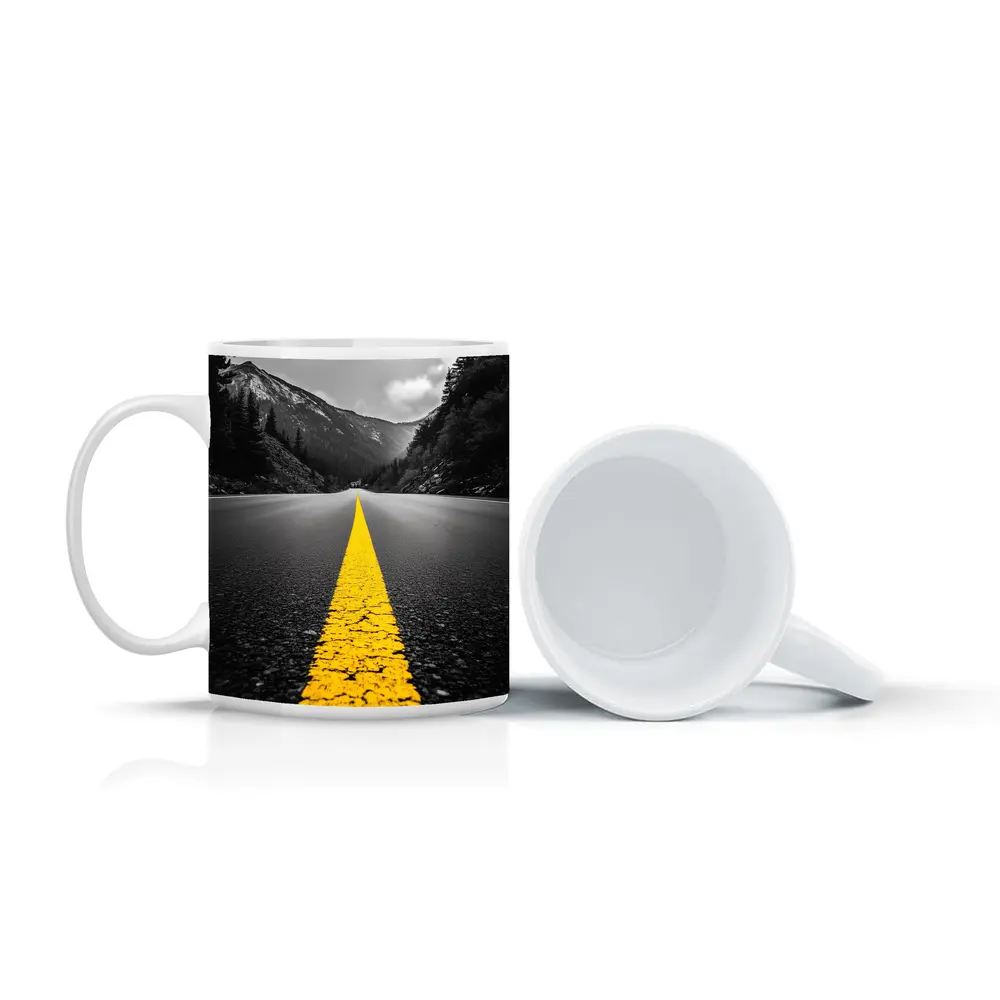 Yellow Road Line Mountain Forest Black White – Mugs