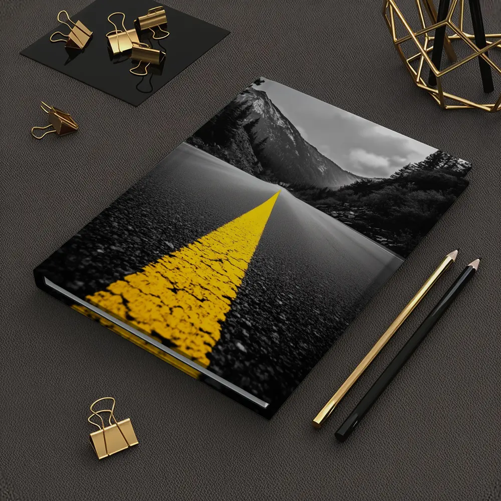 Yellow Road Line Mountain Forest Black White – Notebooks