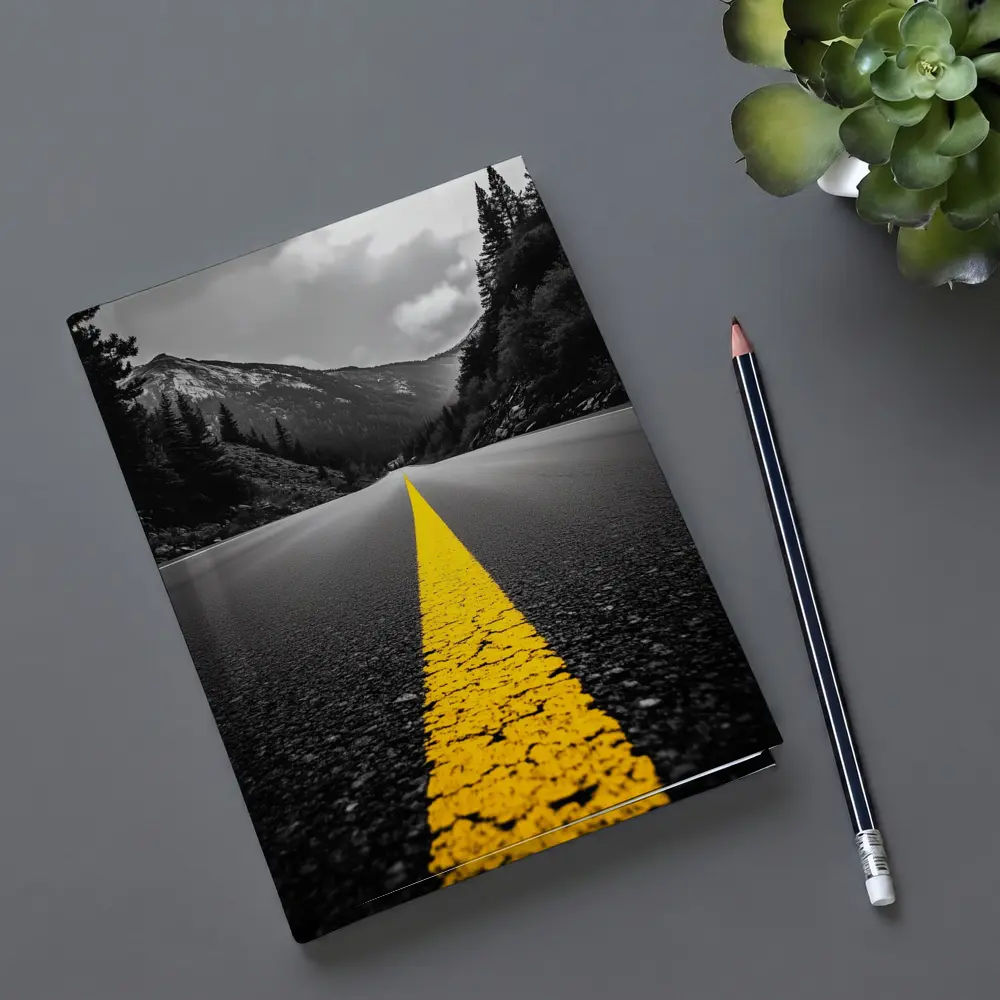 Yellow Road Line Mountain Forest Black White – Notebooks