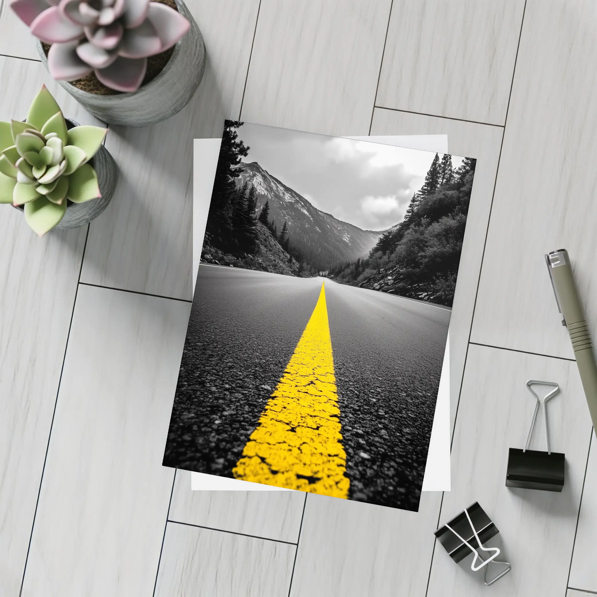 Yellow Road Line Mountain Forest Black White – Postcards