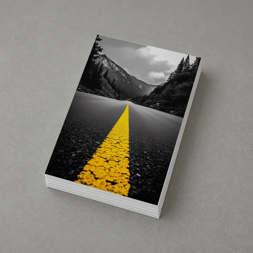 Yellow Road Line Mountain Forest Black White – Postcards