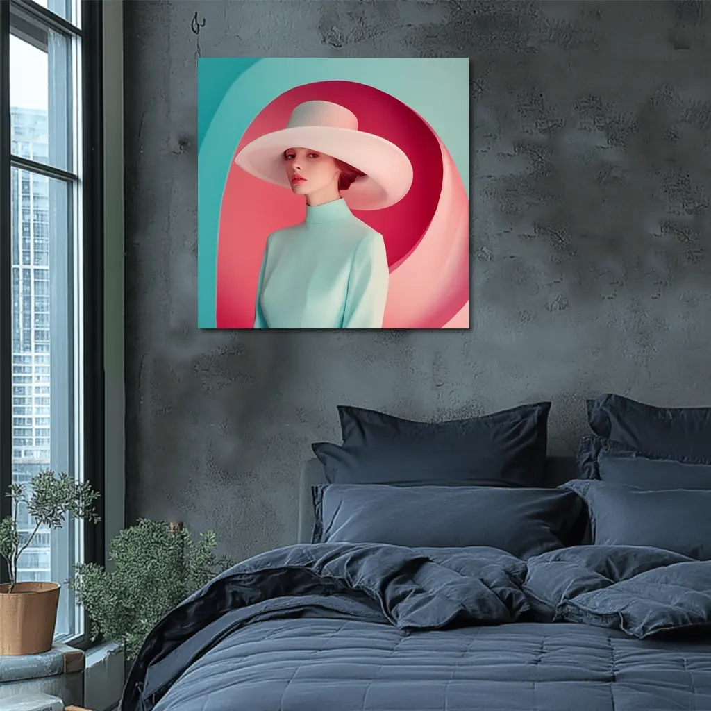 Fashion Woman Wide Hat Pastel Pink Teal – Wall Art
