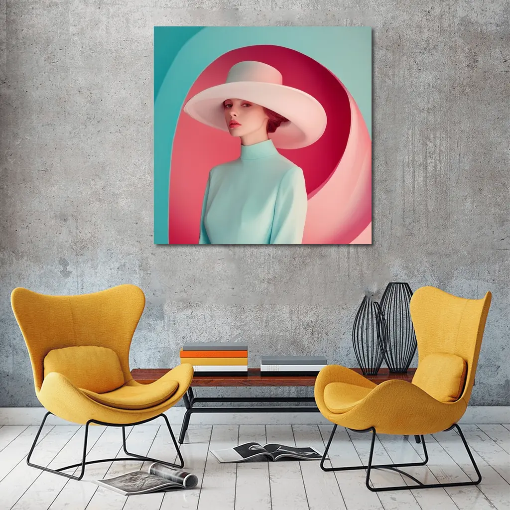 Fashion Woman Wide Hat Pastel Pink Teal – Wall Art