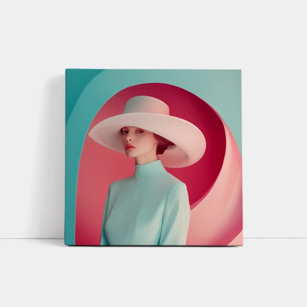 Fashion Woman Wide Hat Pastel Pink Teal – Wall Art