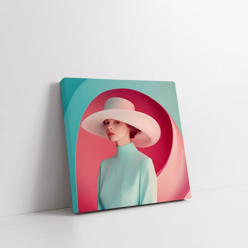 Fashion Woman Wide Hat Pastel Pink Teal – Wall Art