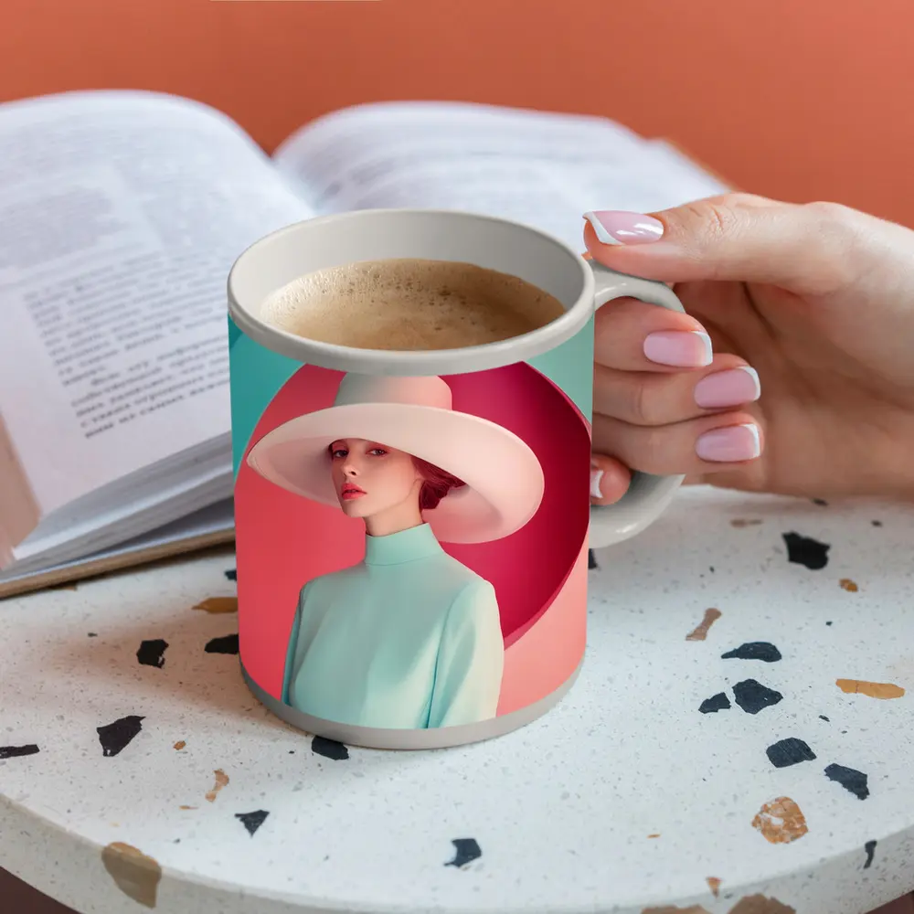 Fashion Woman Wide Hat Pastel Pink Teal – Mugs