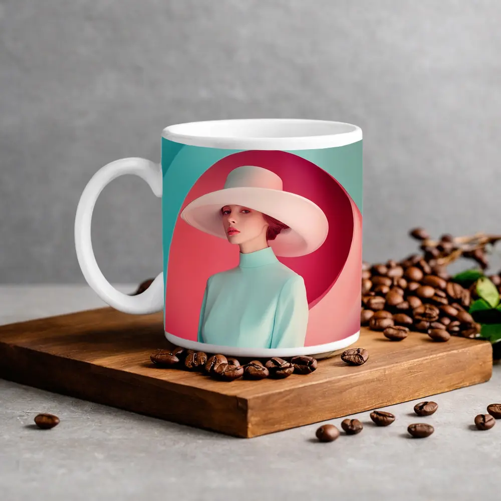 Fashion Woman Wide Hat Pastel Pink Teal – Mugs