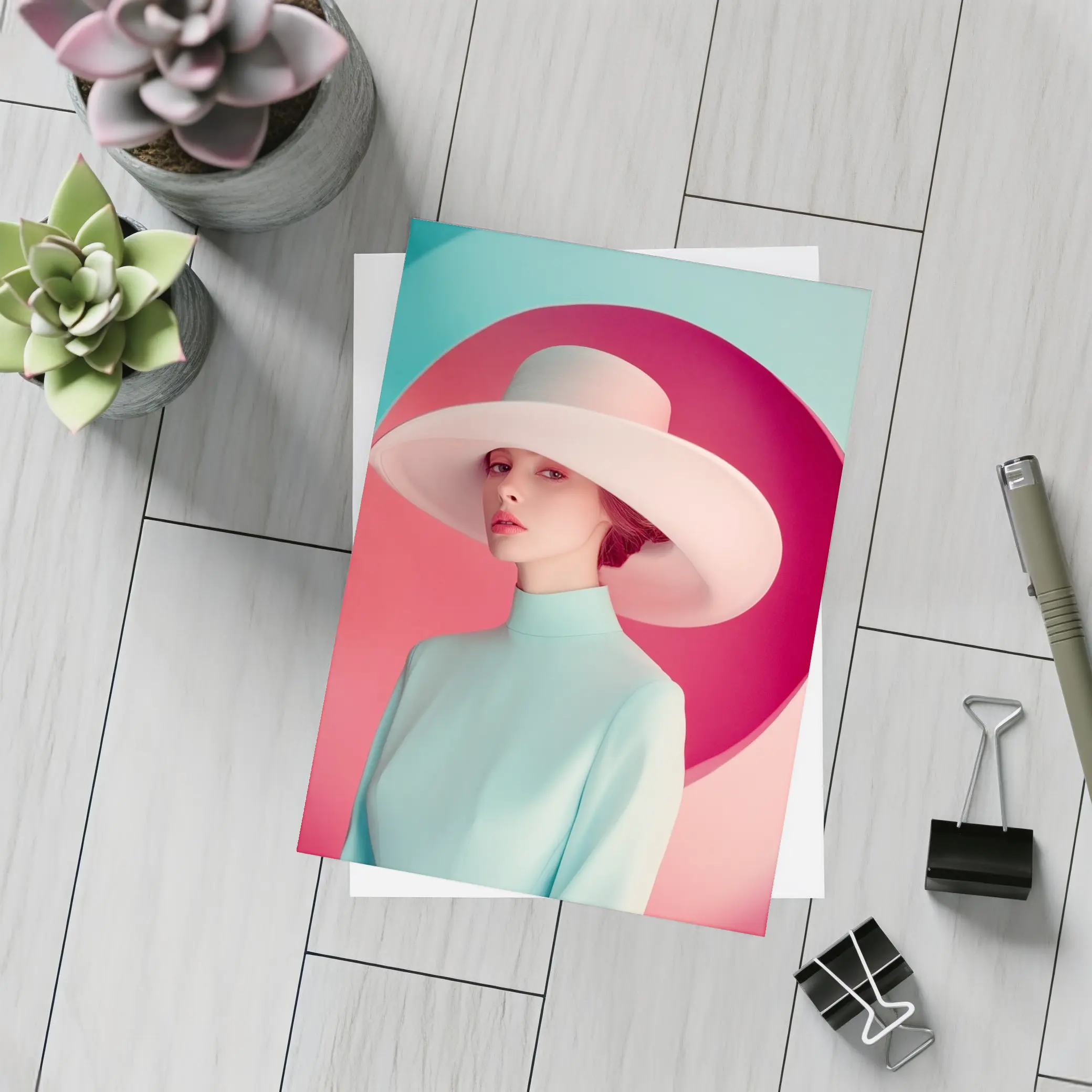 Fashion Woman Wide Hat Pastel Pink Teal – Postcards