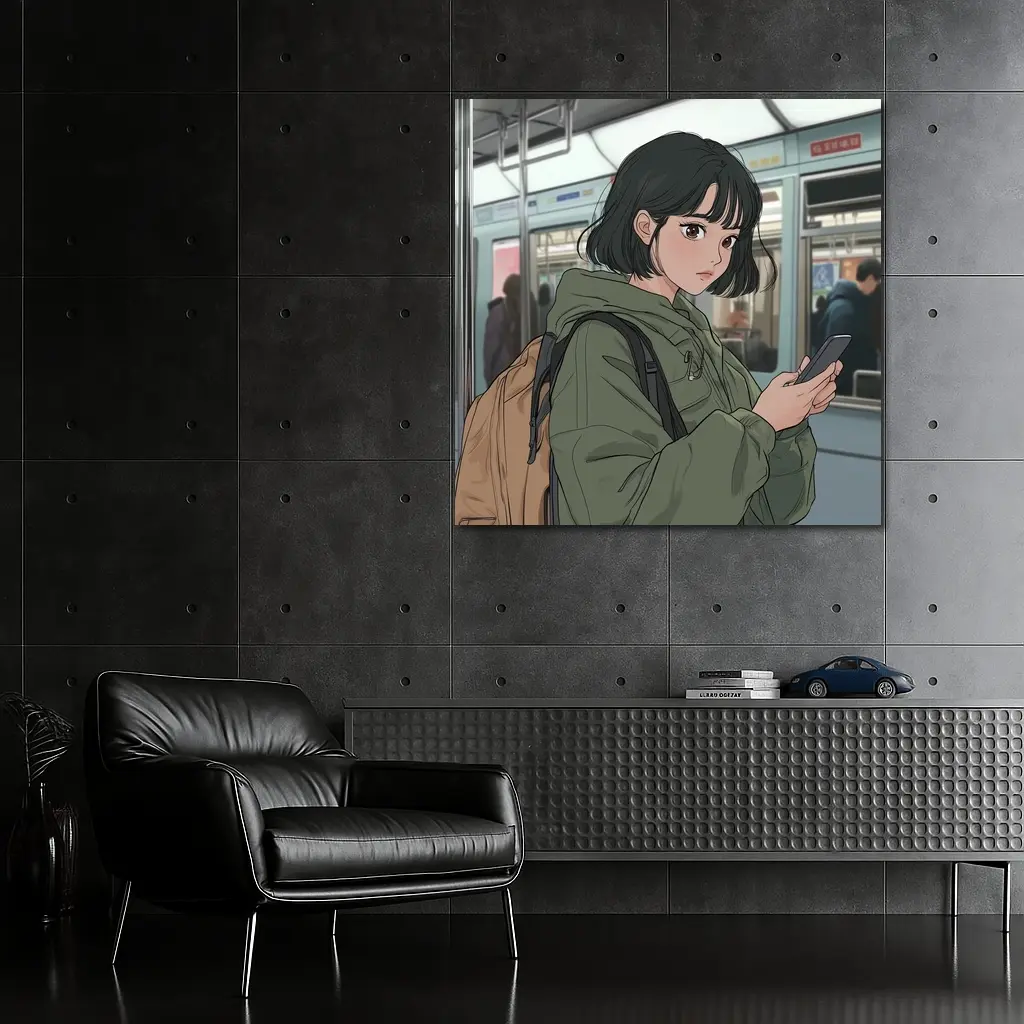 Anime Girl On Subway With Phone – Wall Art