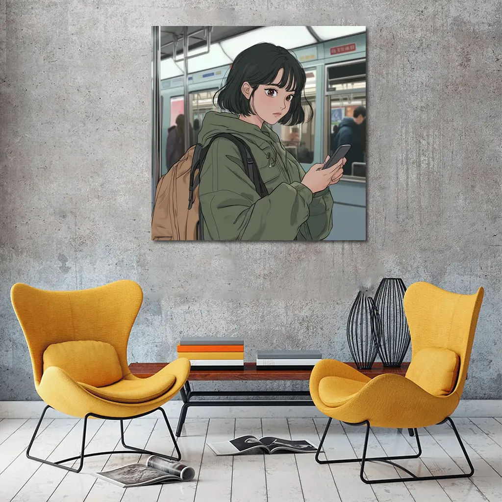 Anime Girl On Subway With Phone – Wall Art