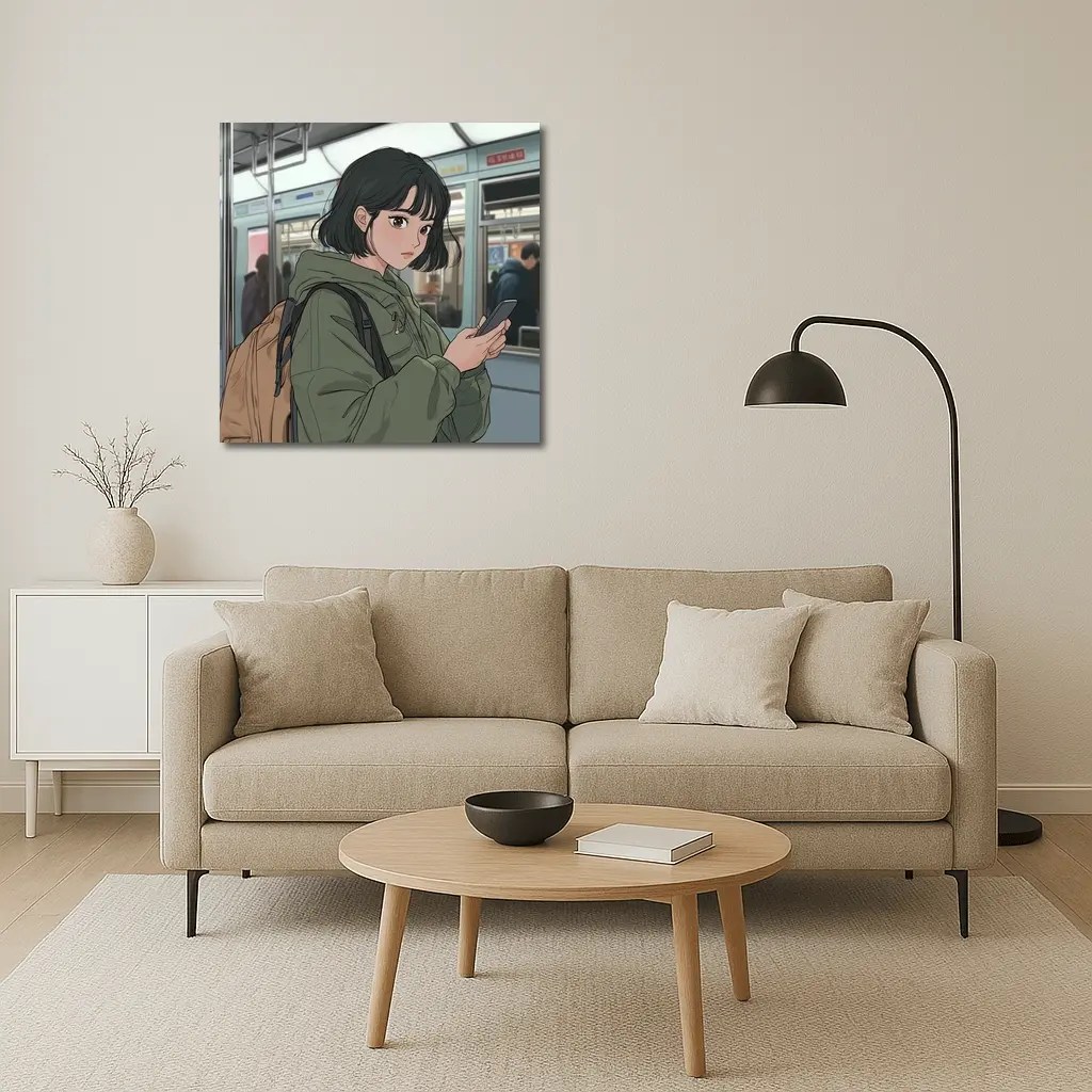 Anime Girl On Subway With Phone – Wall Art