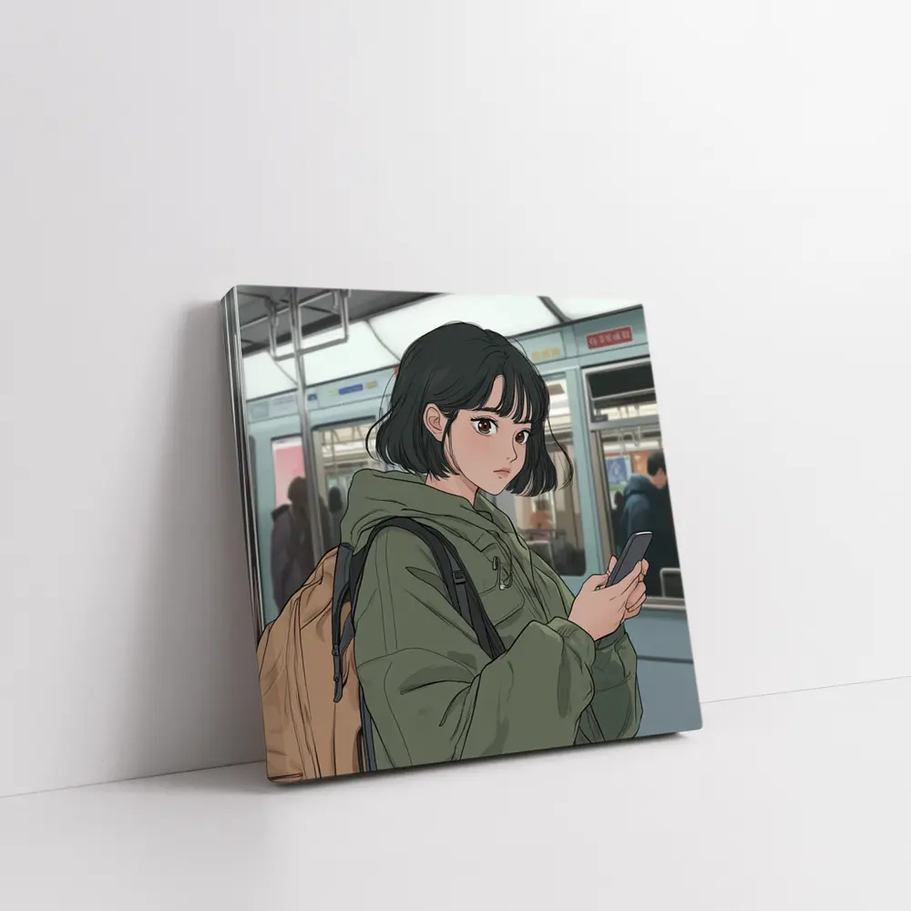 Anime Girl On Subway With Phone – Wall Art
