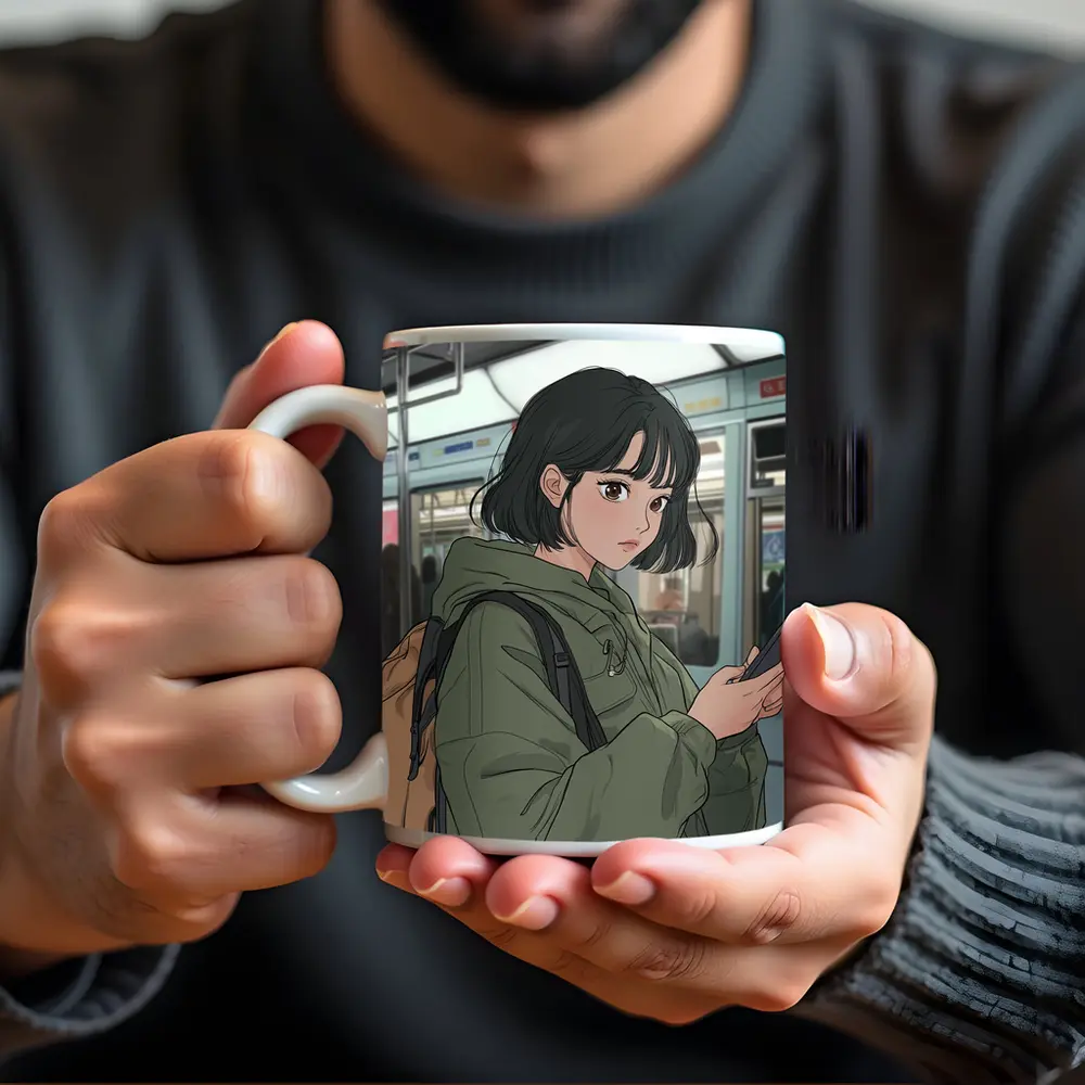 Anime Girl On Subway With Phone – Mugs