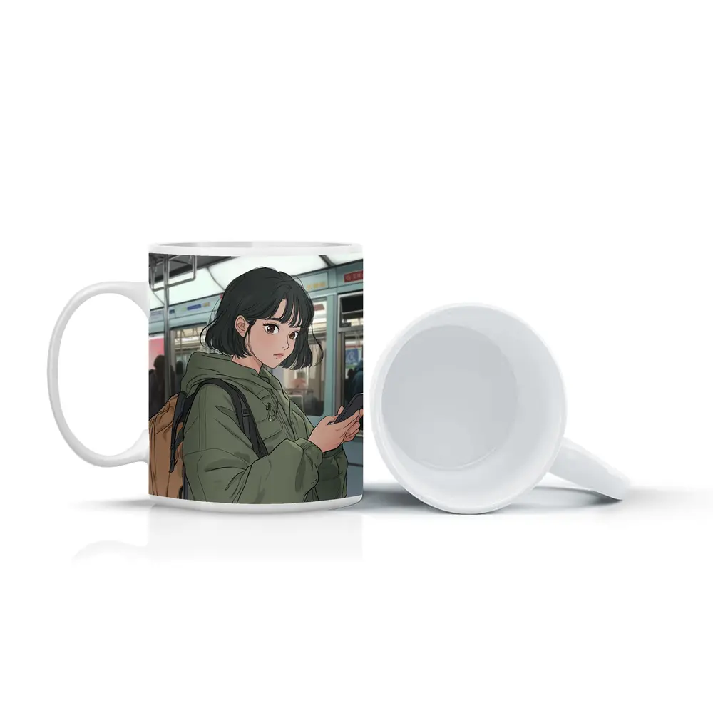 Anime Girl On Subway With Phone – Mugs