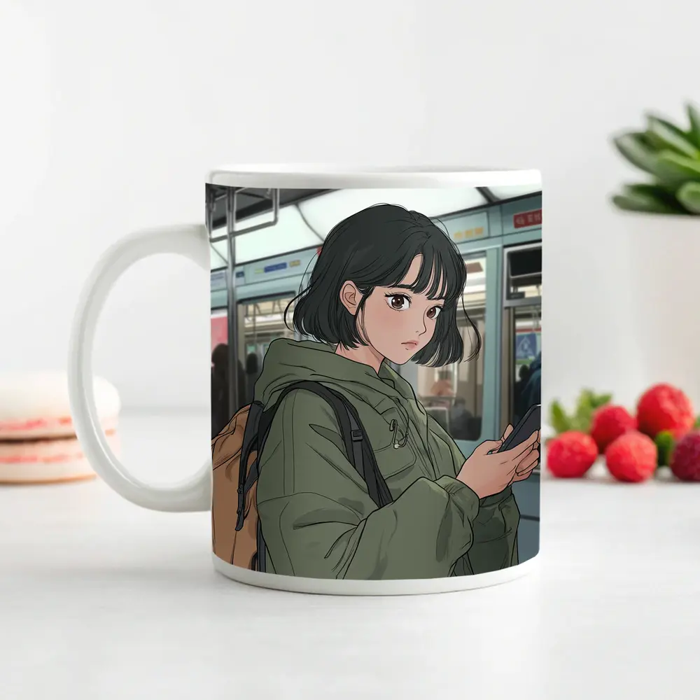 Anime Girl On Subway With Phone – Mugs