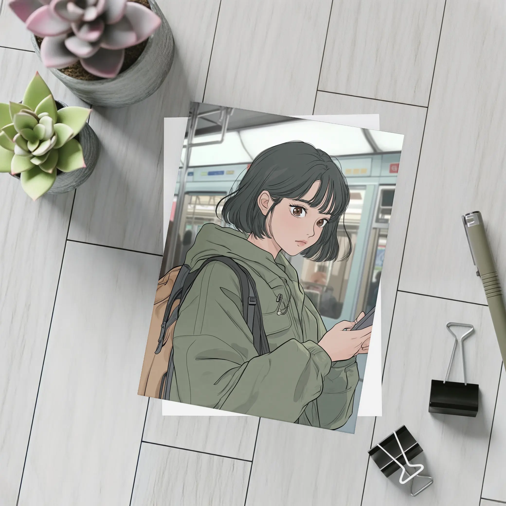 Anime Girl On Subway With Phone – Postcards