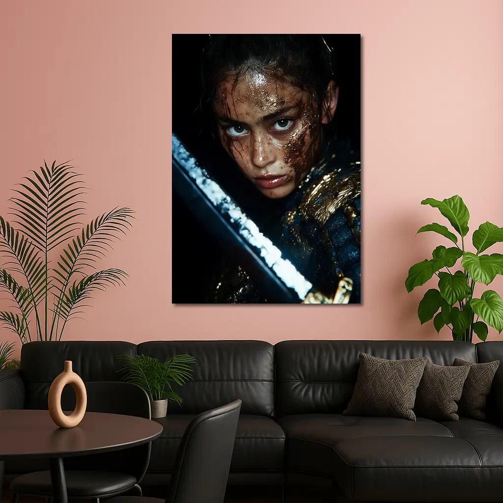 Fierce Warrior Woman Gold Armor Dark Background – Wall Art