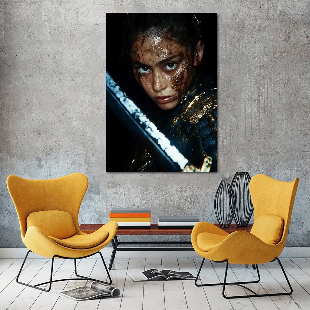 Fierce Warrior Woman Gold Armor Dark Background – Wall Art