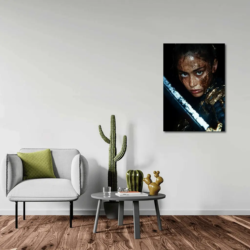 Fierce Warrior Woman Gold Armor Dark Background – Wall Art