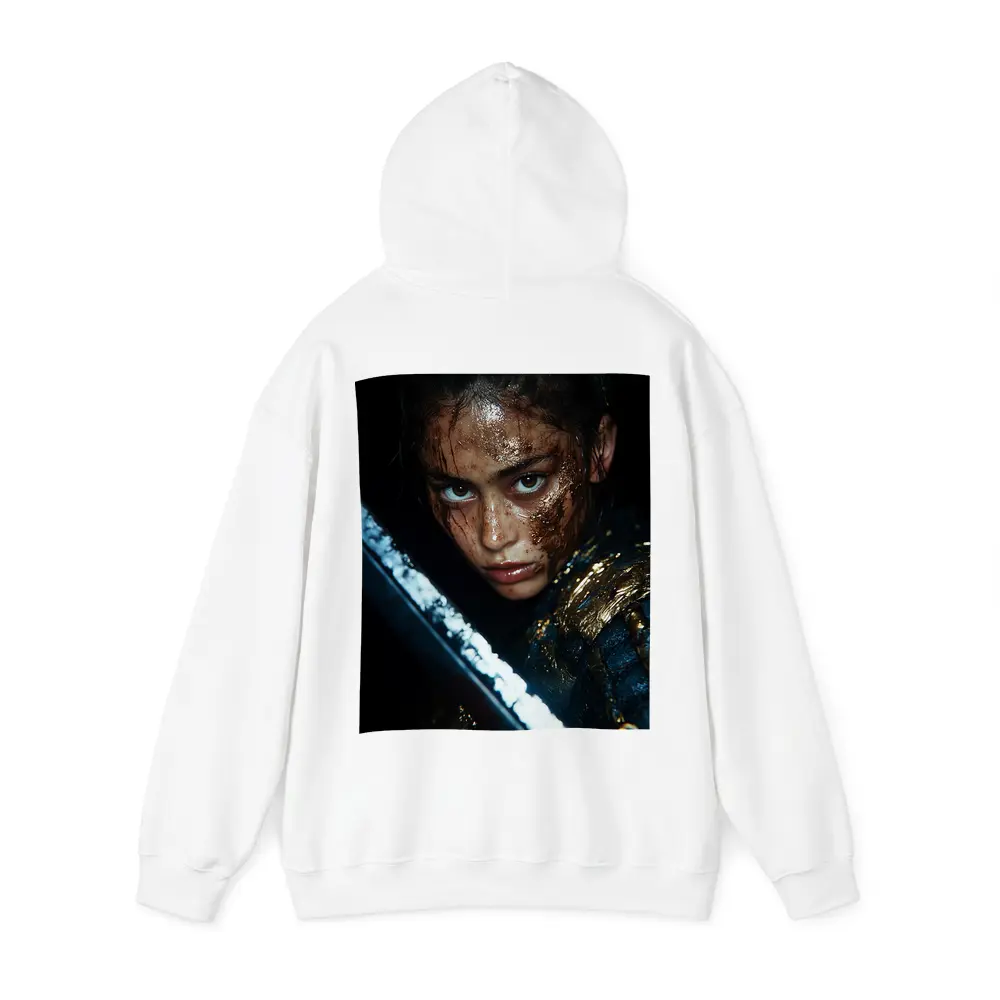 Fierce Warrior Woman Gold Armor Dark Background – Hoodies