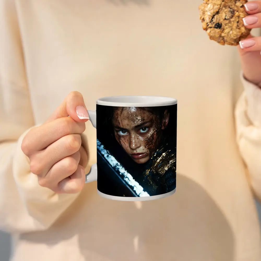 Fierce Warrior Woman Gold Armor Dark Background – Mugs