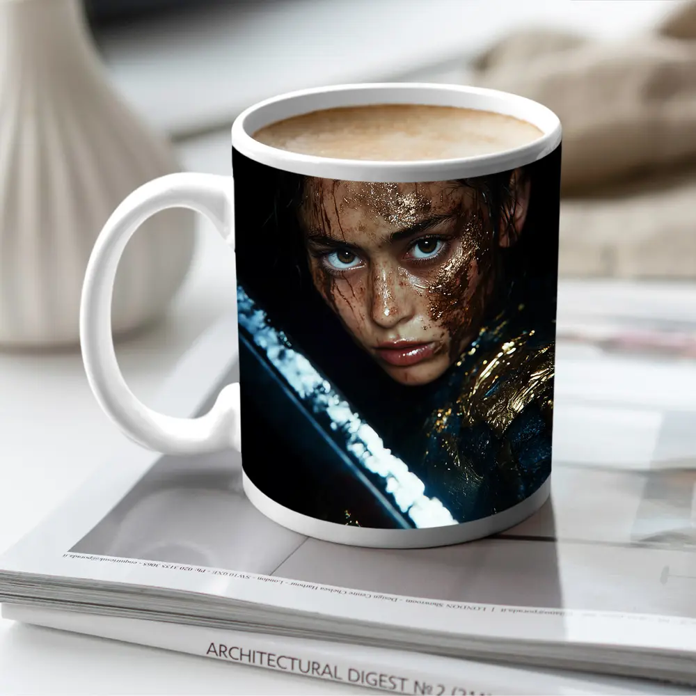 Fierce Warrior Woman Gold Armor Dark Background – Mugs
