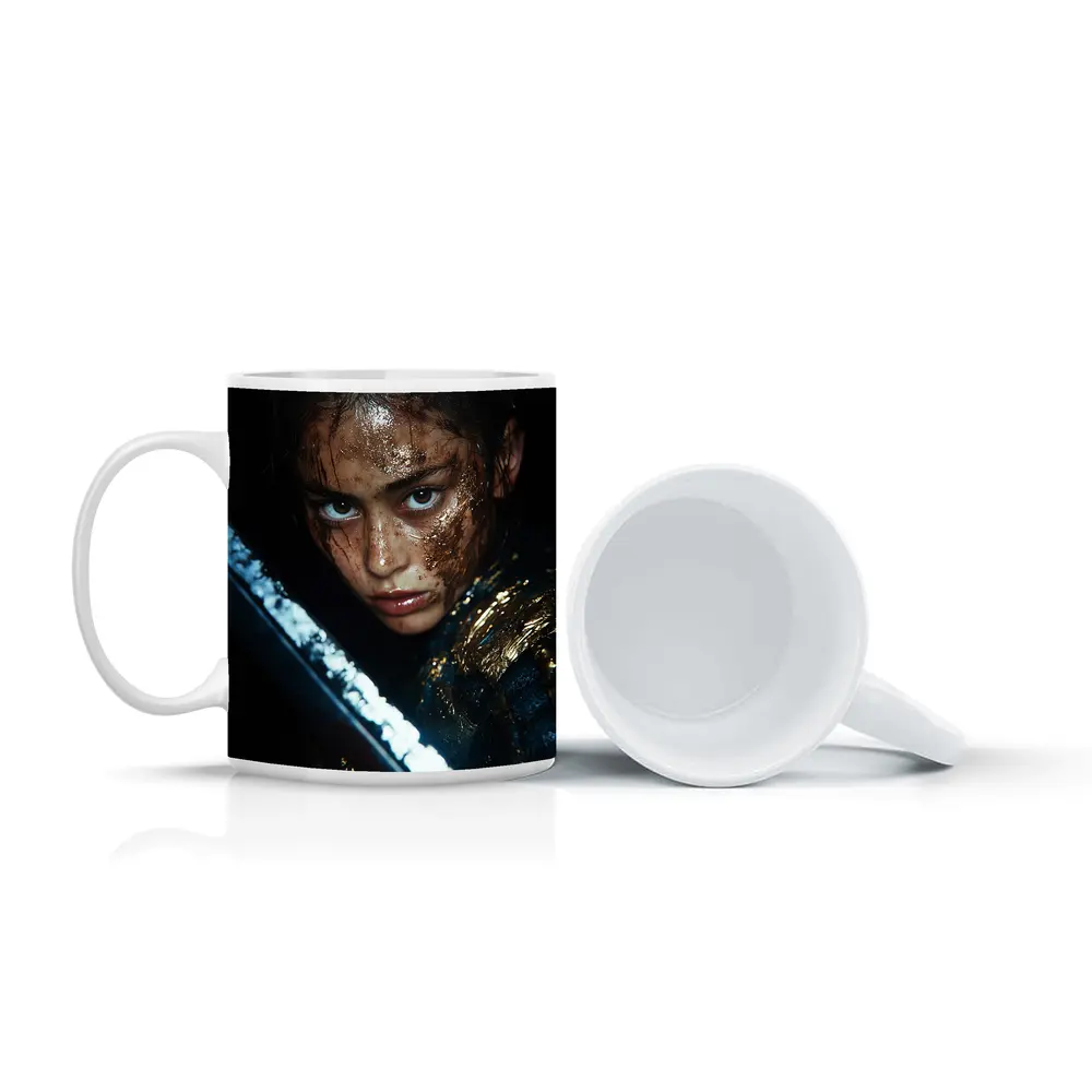 Fierce Warrior Woman Gold Armor Dark Background – Mugs