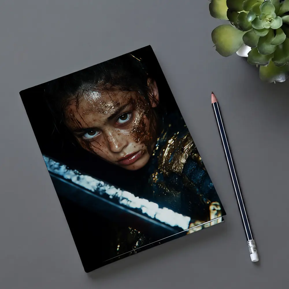 Fierce Warrior Woman Gold Armor Dark Background – Notebooks