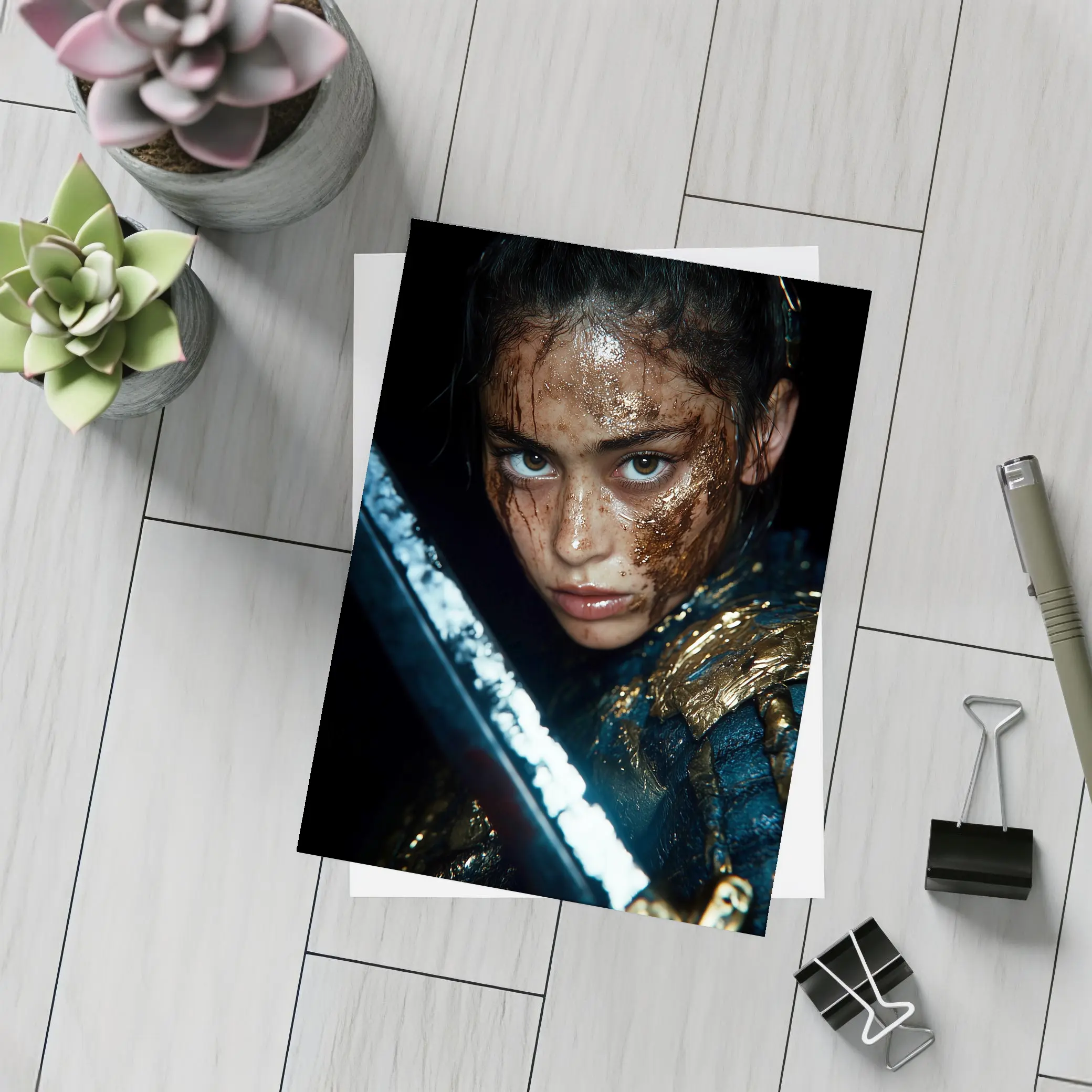 Fierce Warrior Woman Gold Armor Dark Background – Postcards