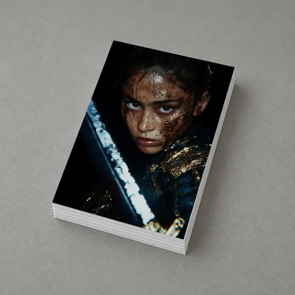 Fierce Warrior Woman Gold Armor Dark Background – Postcards