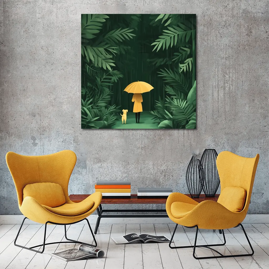 Woman Dog Rainy Jungle Forest Illustration – Wall Art