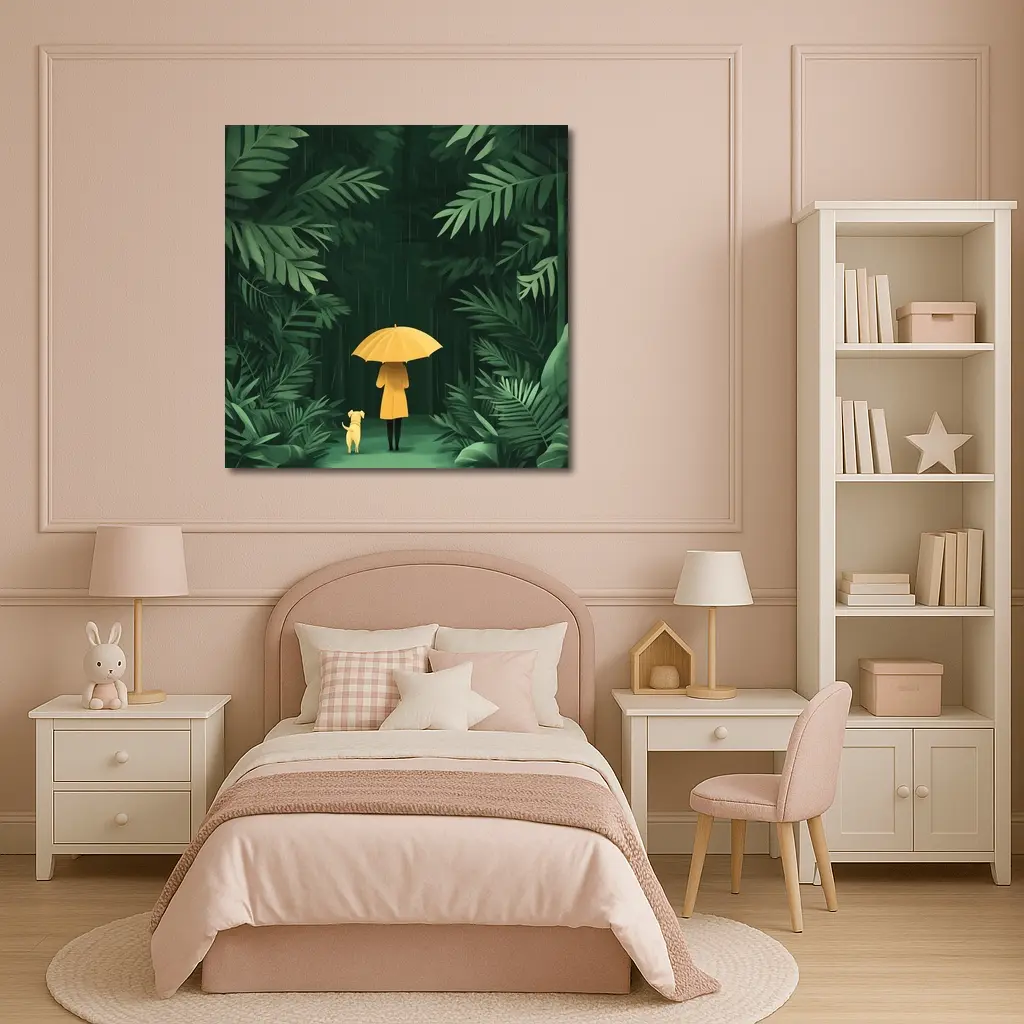 Woman Dog Rainy Jungle Forest Illustration – Wall Art