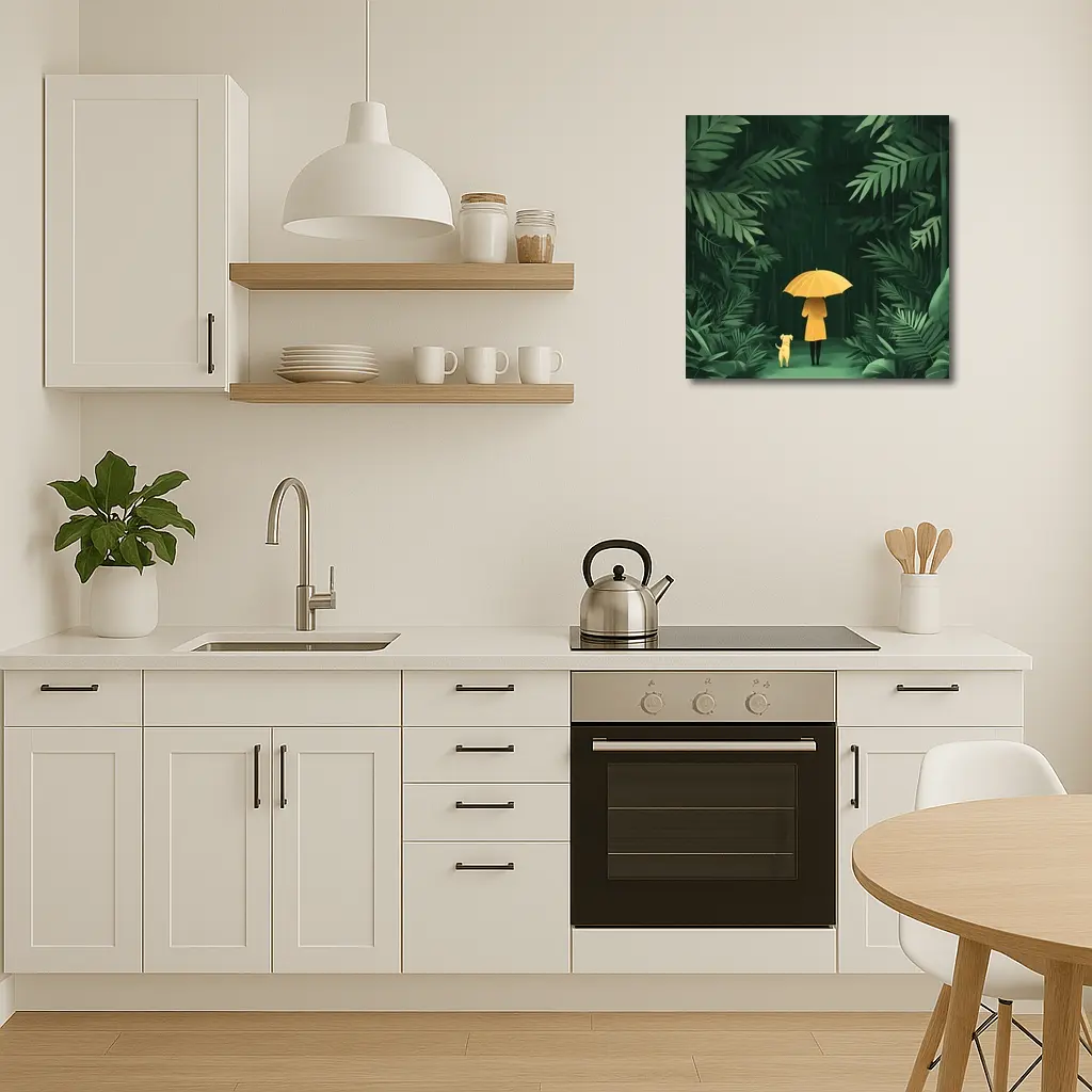 Woman Dog Rainy Jungle Forest Illustration – Wall Art