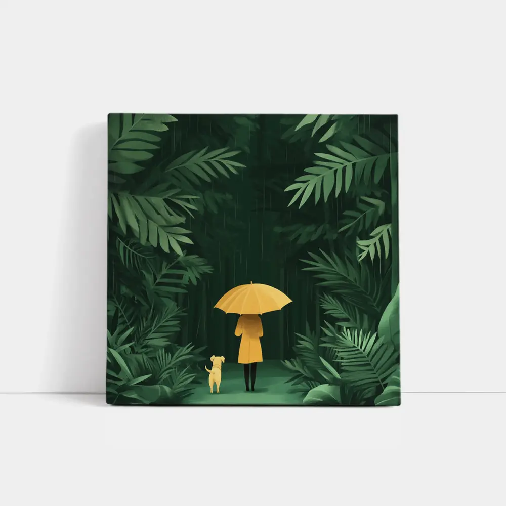 Woman Dog Rainy Jungle Forest Illustration – Wall Art