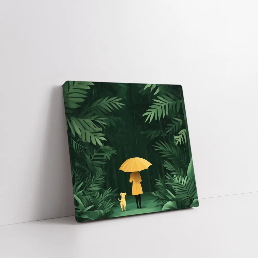 Woman Dog Rainy Jungle Forest Illustration – Wall Art