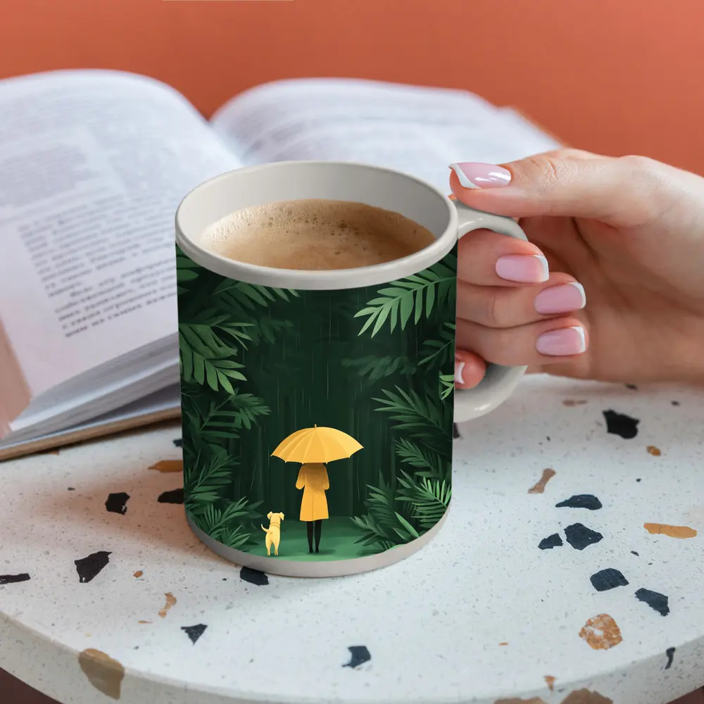Woman Dog Rainy Jungle Forest Illustration – Mugs