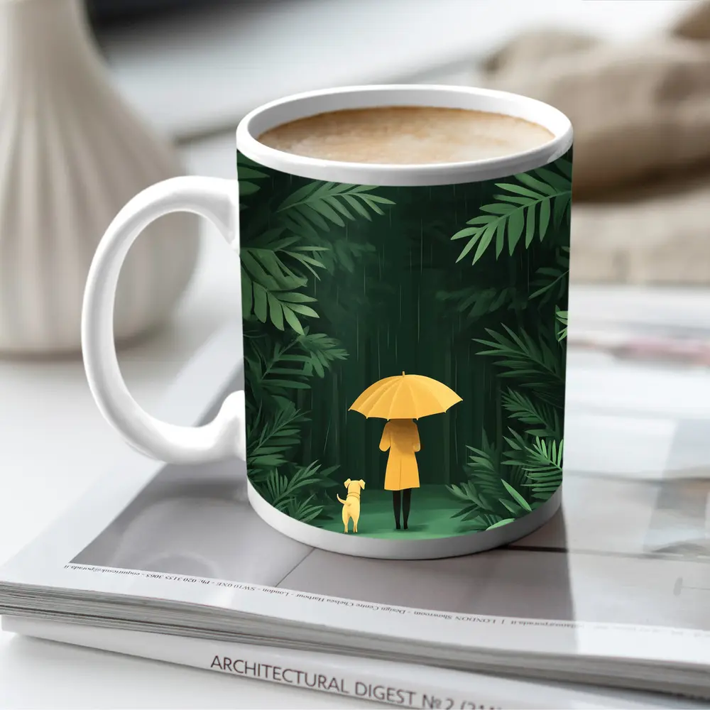 Woman Dog Rainy Jungle Forest Illustration – Mugs