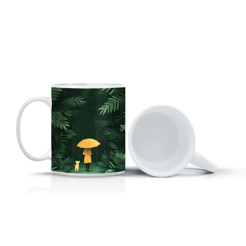 Woman Dog Rainy Jungle Forest Illustration – Mugs