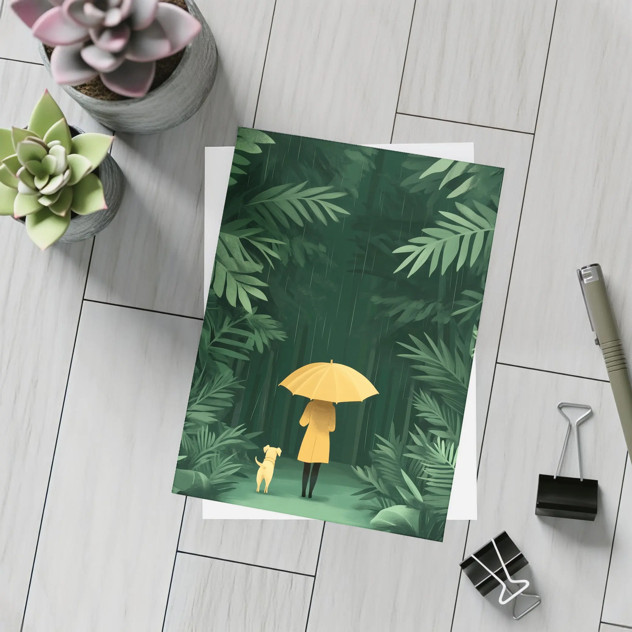Woman Dog Rainy Jungle Forest Illustration – Postcards