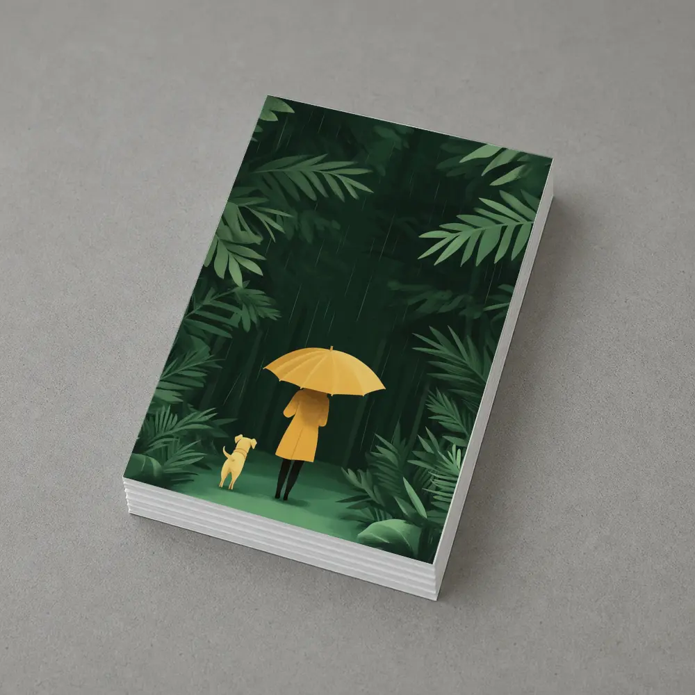 Woman Dog Rainy Jungle Forest Illustration – Postcards