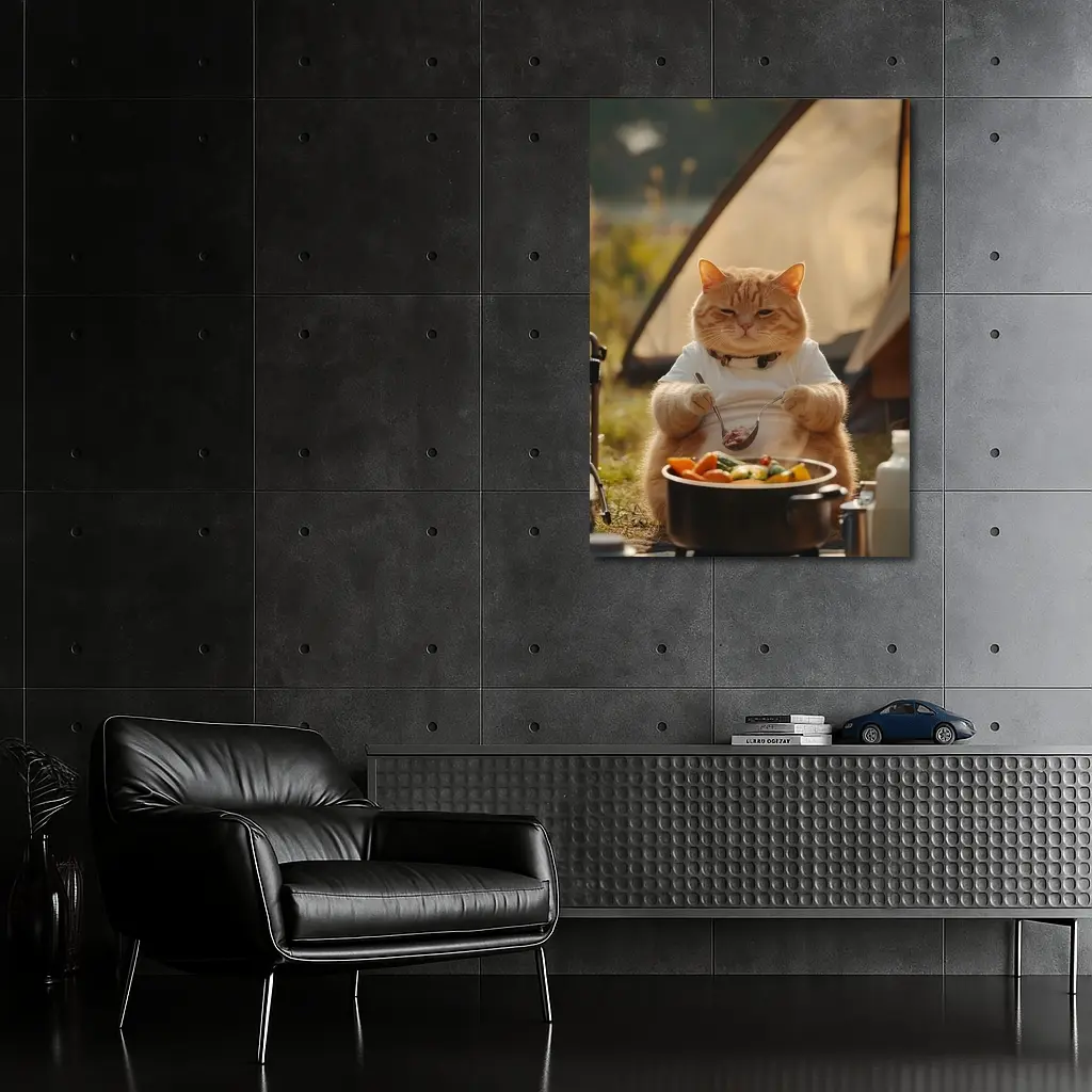 Chubby Orange Cat Cooking Camping Outdoor – Wall Art
