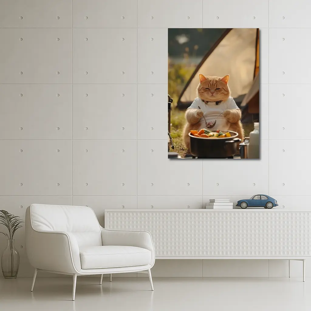 Chubby Orange Cat Cooking Camping Outdoor – Wall Art
