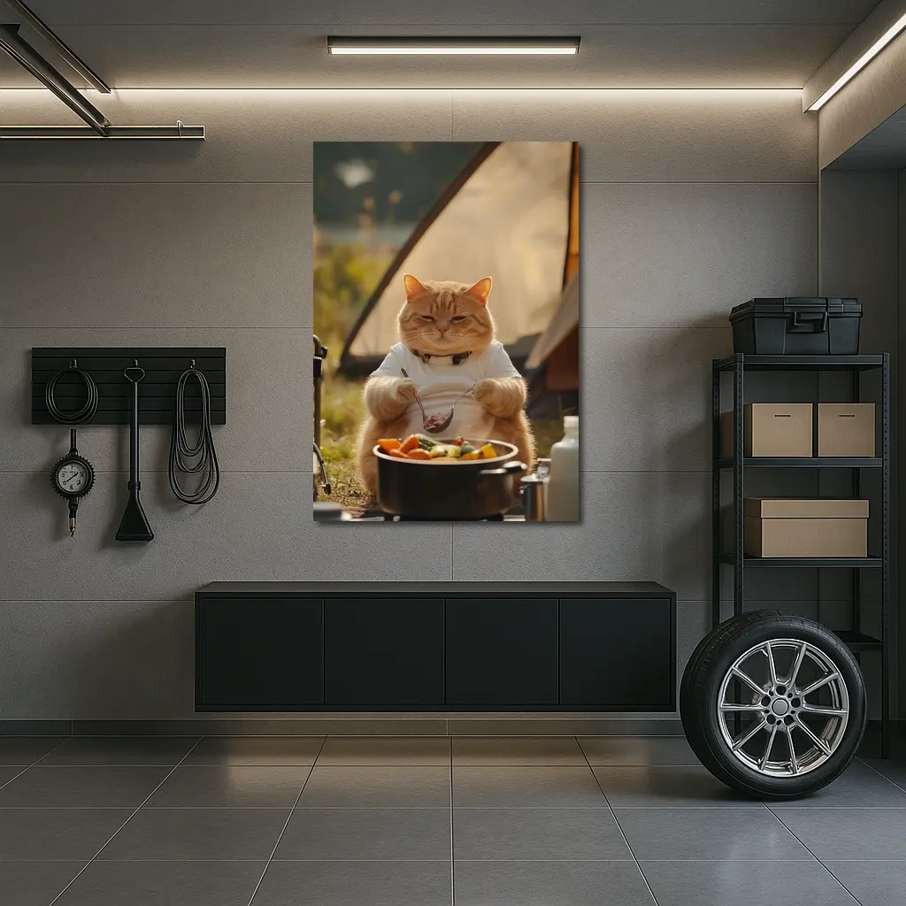 Chubby Orange Cat Cooking Camping Outdoor – Wall Art