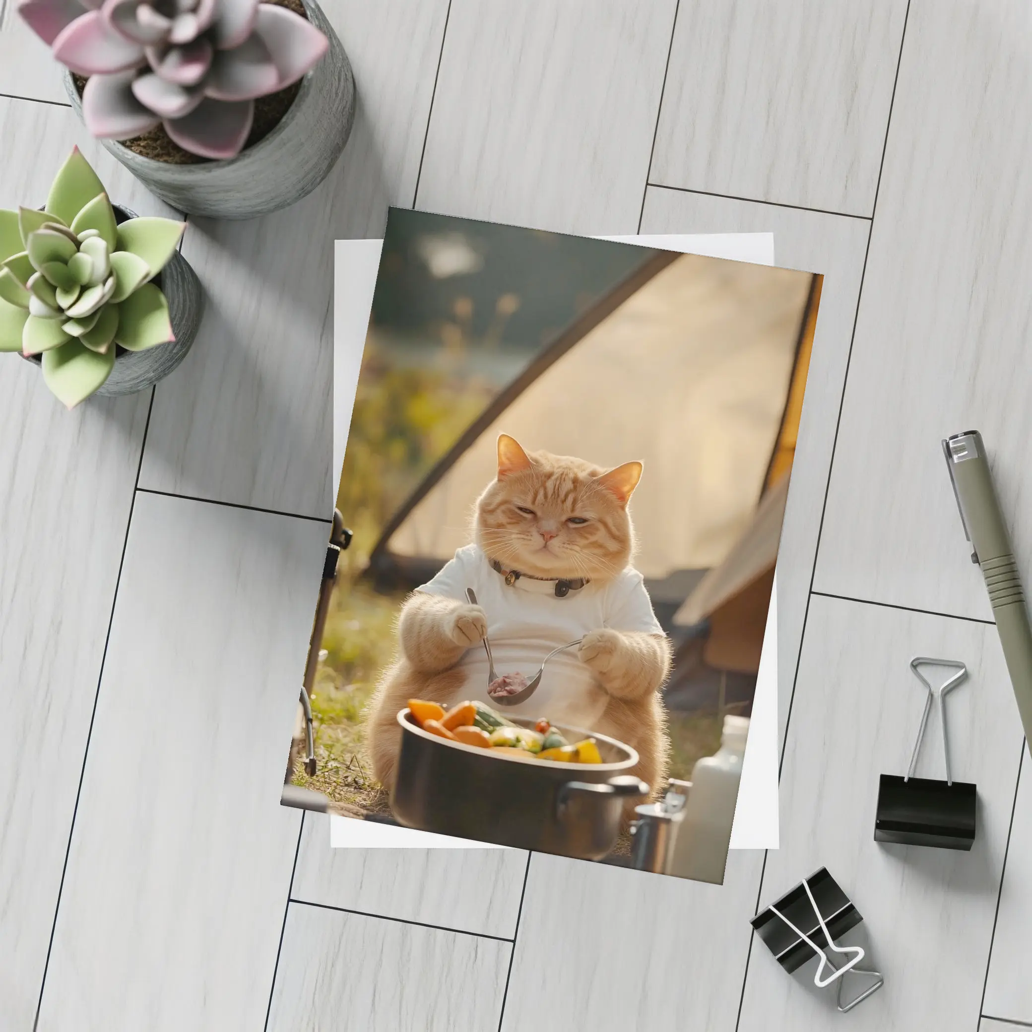 Chubby Orange Cat Cooking Camping Outdoor – Postcards