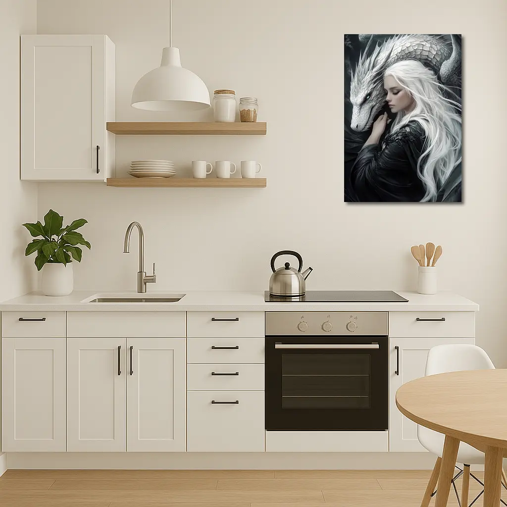 White Haired Woman With Silver Dragon Fantasy – Wall Art